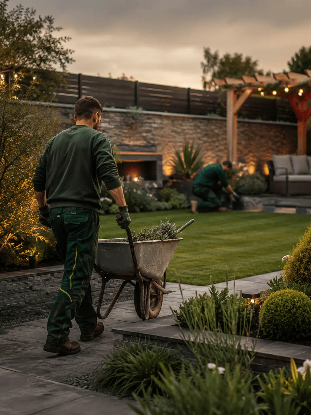 Landscaped garden with lawn, planting, paving and pergola